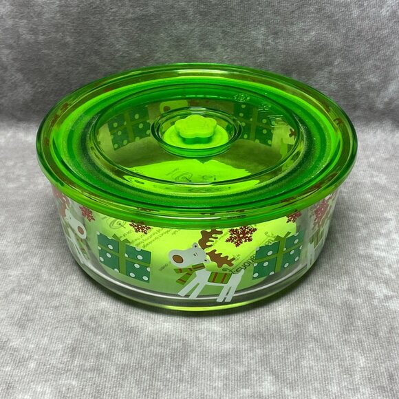 Temp-Tations Holiday Reindeer & Gifts Glass Bowl W/ Light Green Lid & Vent - Picture 2 of 8